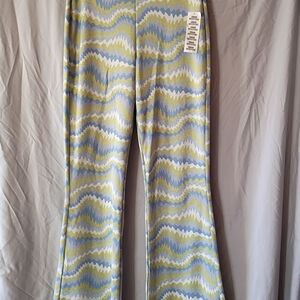 Urban Outfitters Wave-Print Wide Leg Trousers in Light Blue & Lime